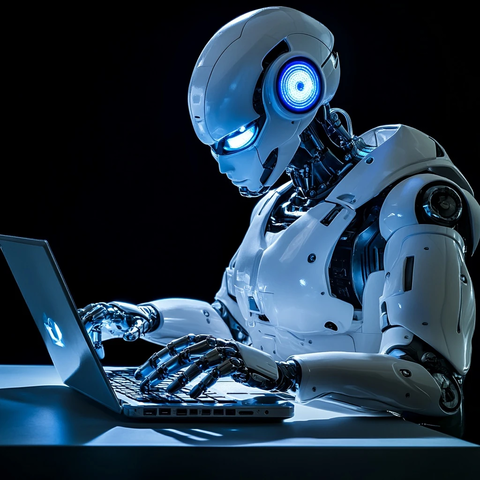 机器人办公桌前使用笔记本电脑