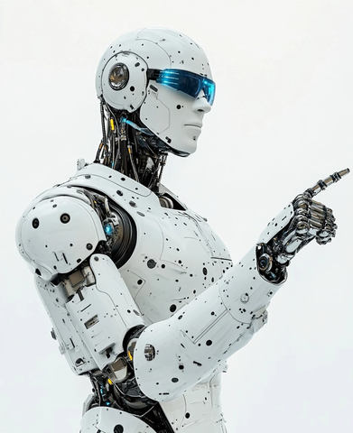 白色机器人戴蓝眼镜指向右侧