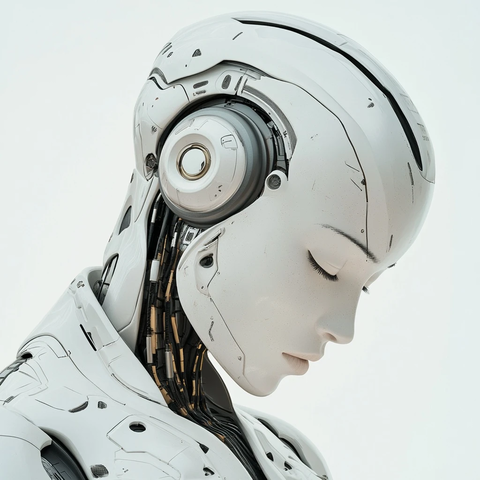 未来人形机器人半闭眼低首