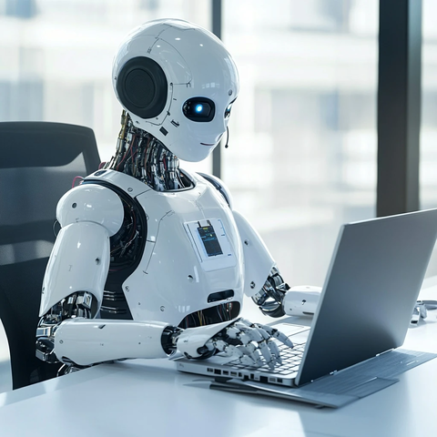 机器人办公室使用笔记本和耳机