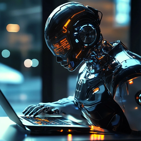 机器人坐桌前看笔记本