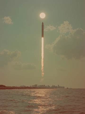 火箭矗立海面光束穿云