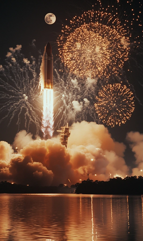 火箭升空烟花映月