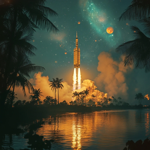 嫦娥六号尾焰映照海岸