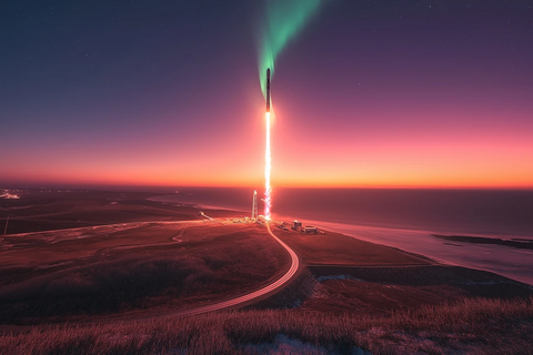 火箭尾迹与极光交织