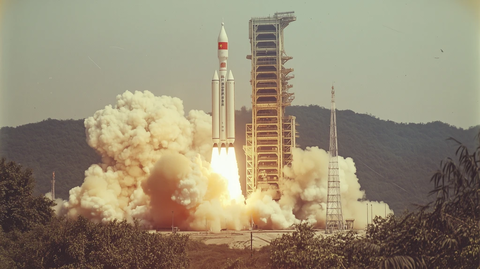 火箭升空与国旗飘扬