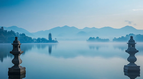 湖光山色中的古塔