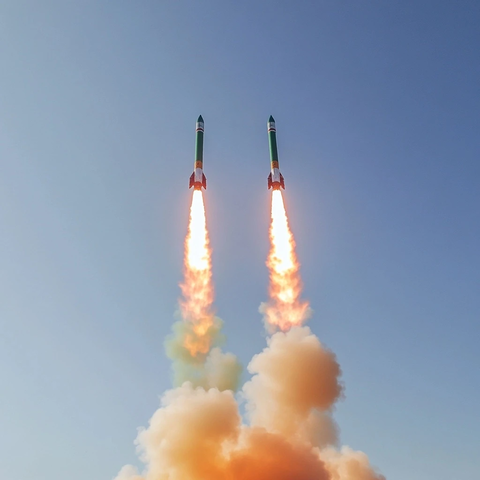 绿色火箭与橙色火箭并排升空