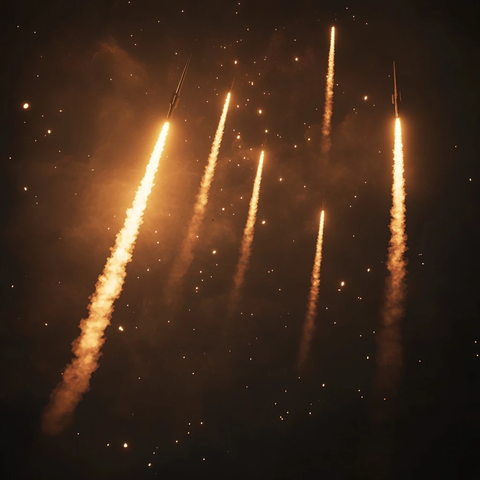 火箭飞向地面火焰照亮夜空