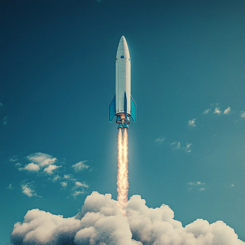 蓝色火箭飞向蓝天浓烟滚滚