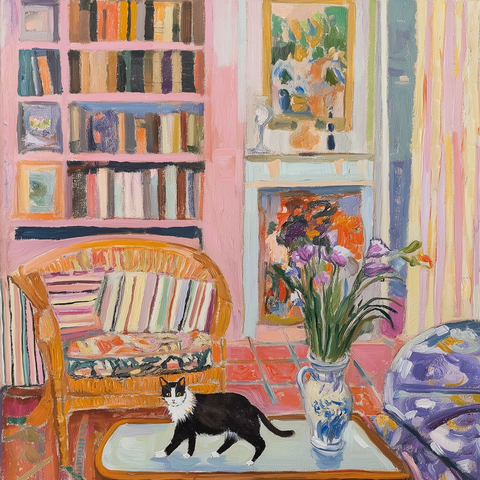 猫与鸢尾花书架与扶手椅