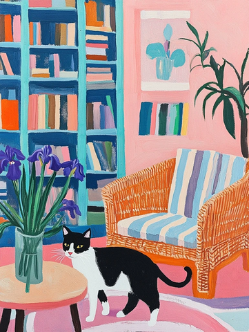 黑白猫与鸢尾花静物画