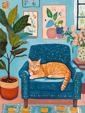 橘猫躺蓝椅温馨客厅
