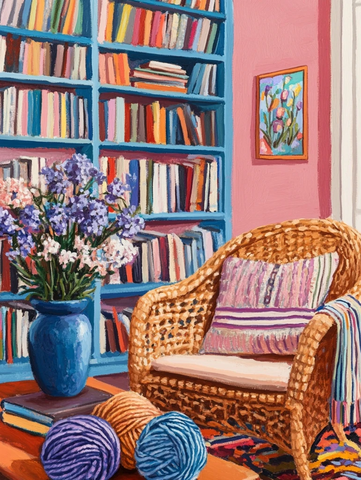 彩色毛线球与蓝铃花花瓶