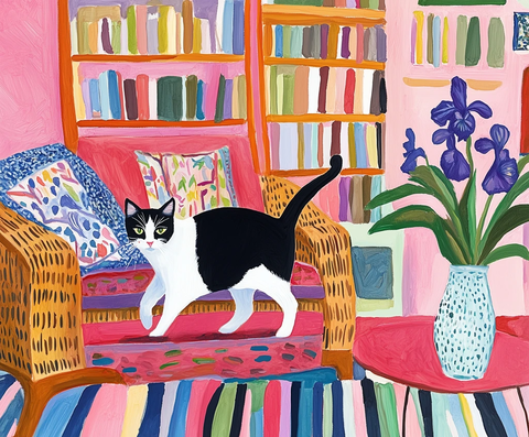 黑白猫与鸢尾花静物