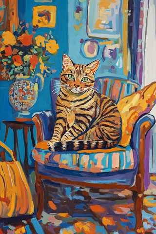 条纹猫坐椅子装饰画