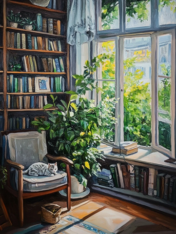 书房静谧绿意猫咪