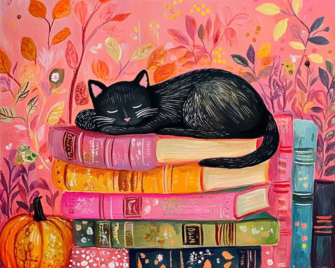 秋日书堆与黑猫