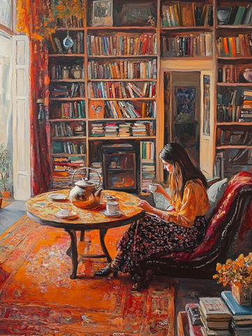 女人品茶书架旁