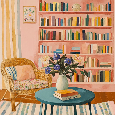 鸢尾花瓶与条纹窗帘的温馨房间