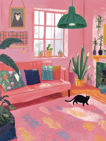 粉色客厅沙发猫挂灯绿植