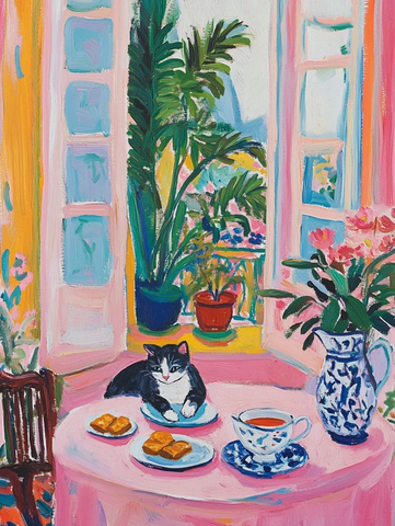 猫咪品茶与花草静谧时光