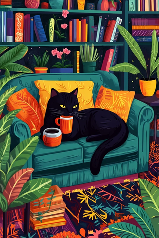 黑猫喝咖啡书堆植物环绕