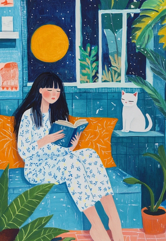 女子沙发读书猫陪伴