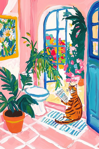 猫坐马桶读报纸浴室绿植环绕