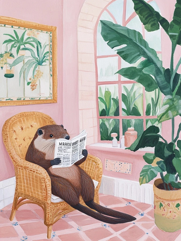 河狸读报坐椅窗边浴室