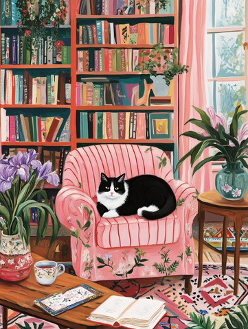黑白猫与书架前的花瓶