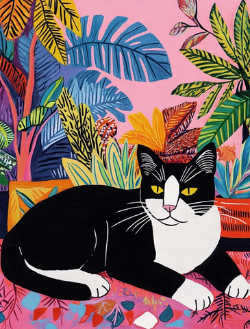 黑白猫与热带叶图案