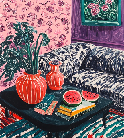 红瓶粉花绿毯书本静物