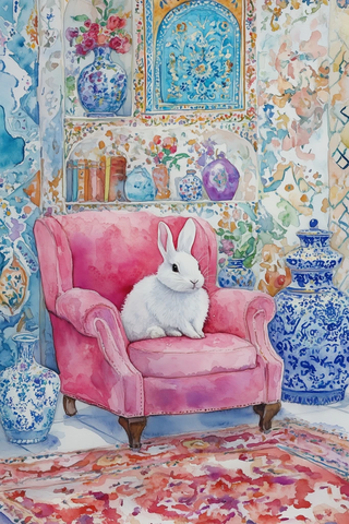 兔子坐粉色椅子水彩画