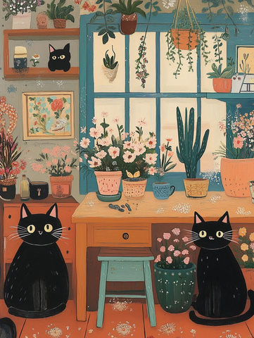 猫与花相伴的温馨角落