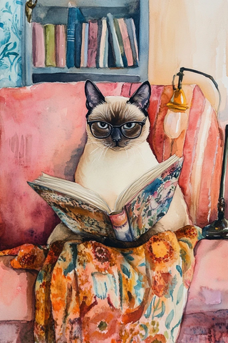 暹罗猫沙发读书水彩画