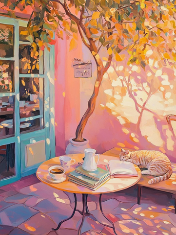 咖啡店树下猫咪与书桌