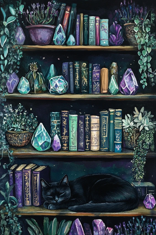 女巫书架植物水晶黑猫