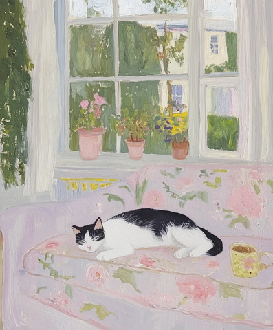 猫与花卉沙发静物画