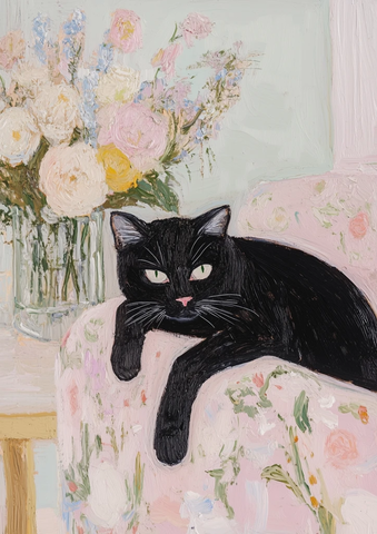 猫与花纹沙发静物画