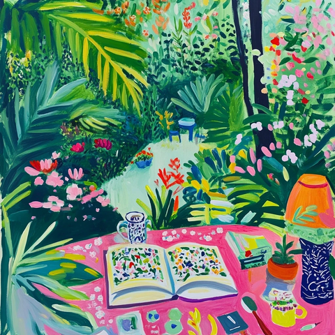 花园阅读的彩色图案画