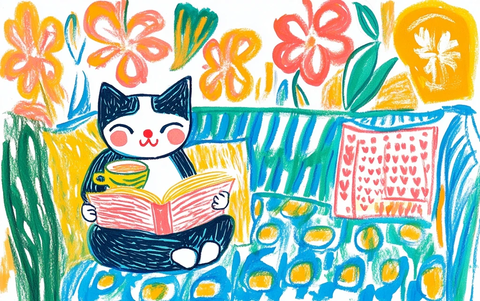 猫读书喝茶沙发插画