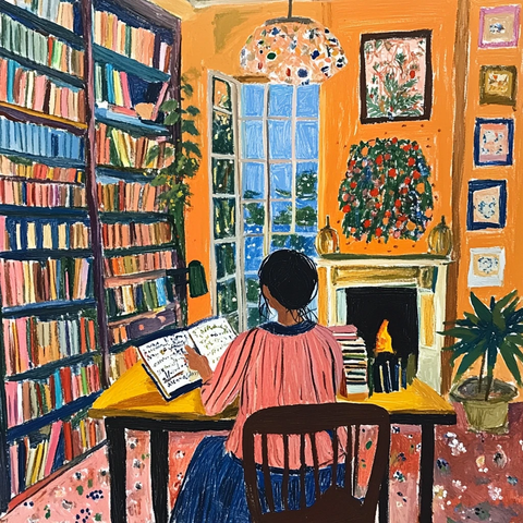 女子桌前工作巨型图书馆相伴