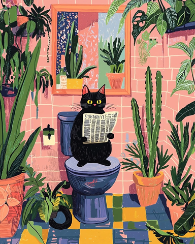 黑猫读报坐在马桶上