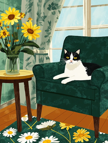 黑白猫坐在绿色扶手椅