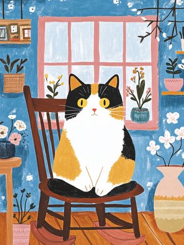 黄黑白猫坐摇椅多彩装饰