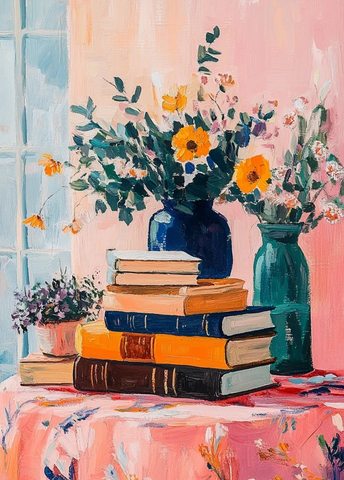 书本与花卉静物画