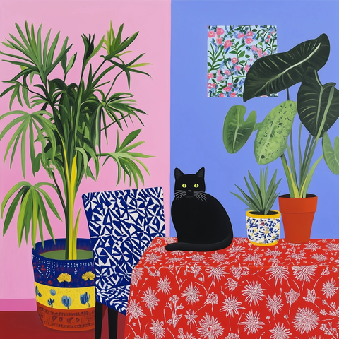 红桌布蓝椅子绿植墙画