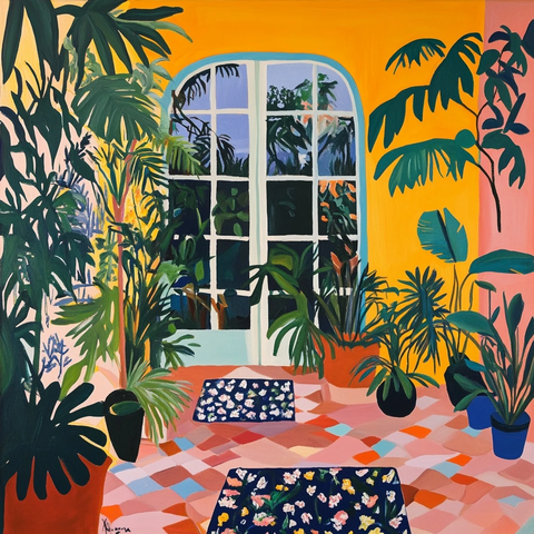 室内植物与猫咪的马蒂斯风格