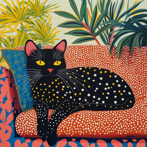 猫咪油画沙发热带植物